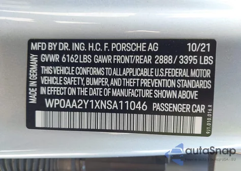 2022 Porsche Taycan из США, поврежденный, VIN WP0AA2Y1XNSA11046